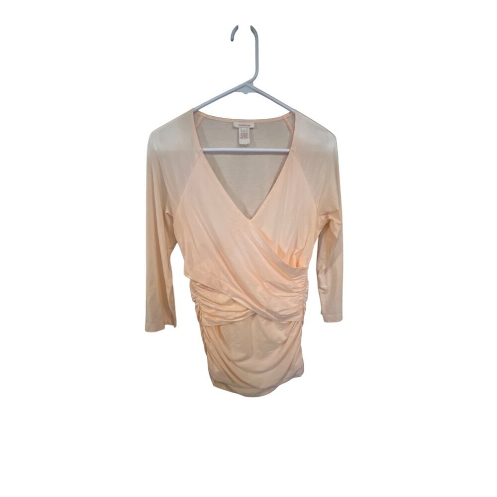 Wrap V-Neck‎ Ruched Blouse By Sundance Small 95% Cotton 5% Spandex Peach Wrap